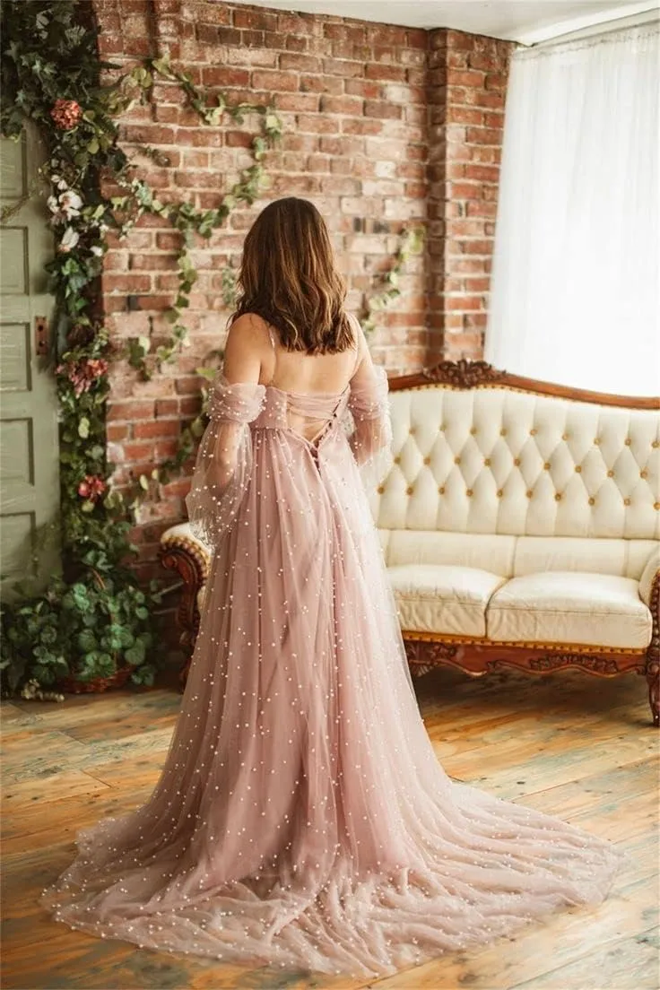 Molisa Women's Pearl Tulle Maternity Dress for Photoshoot Long Puffy Sleeve Off Shoulder Babyshower Bridal Pregnancy Gowns