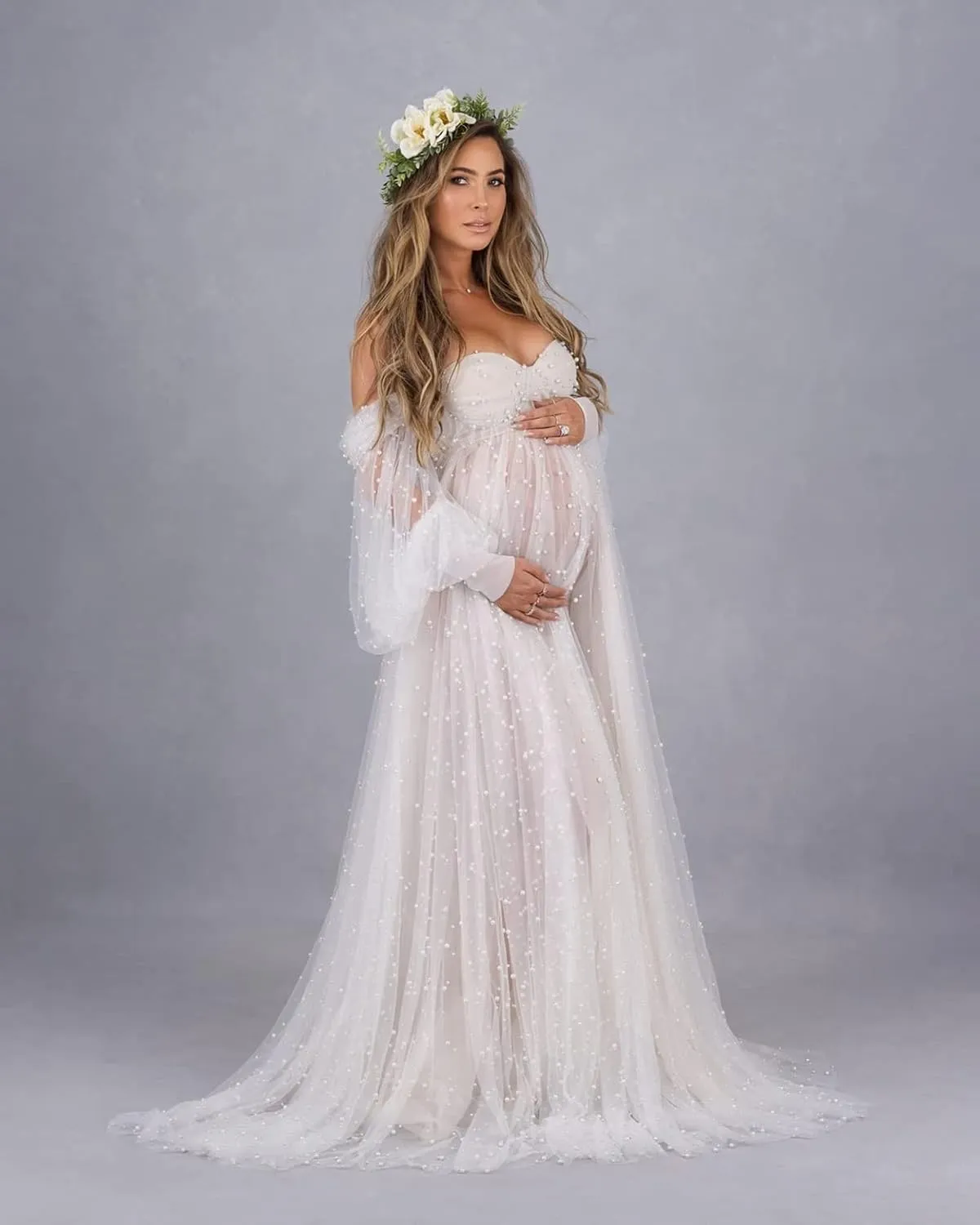 Molisa Women's Pearl Tulle Maternity Dress for Photoshoot Long Puffy Sleeve Off Shoulder Babyshower Bridal Pregnancy Gowns