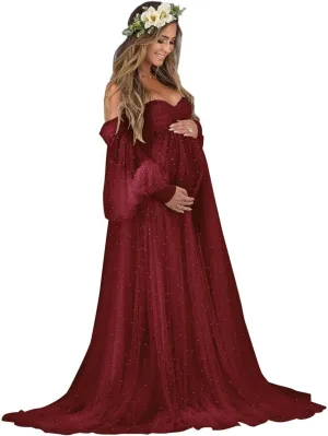 Molisa Women's Pearl Tulle Maternity Dress for Photoshoot Long Puffy Sleeve Off Shoulder Babyshower Bridal Pregnancy Gowns