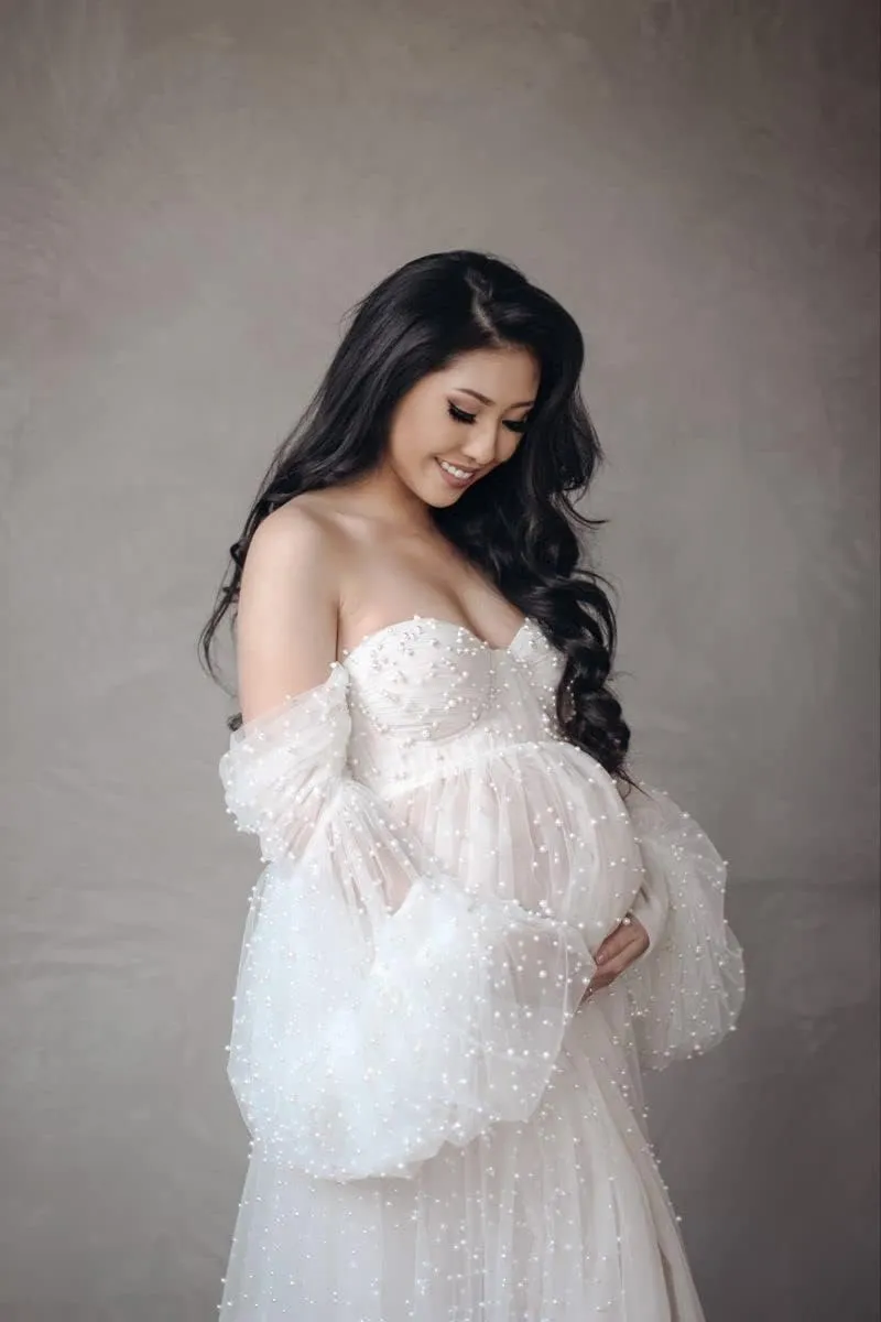 Molisa Women's Pearl Tulle Maternity Dress for Photoshoot Long Puffy Sleeve Off Shoulder Babyshower Bridal Pregnancy Gowns