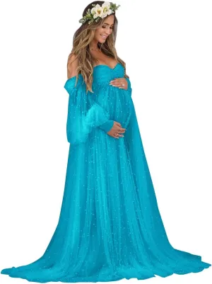 Molisa Women's Pearl Tulle Maternity Dress for Photoshoot Long Puffy Sleeve Off Shoulder Babyshower Bridal Pregnancy Gowns