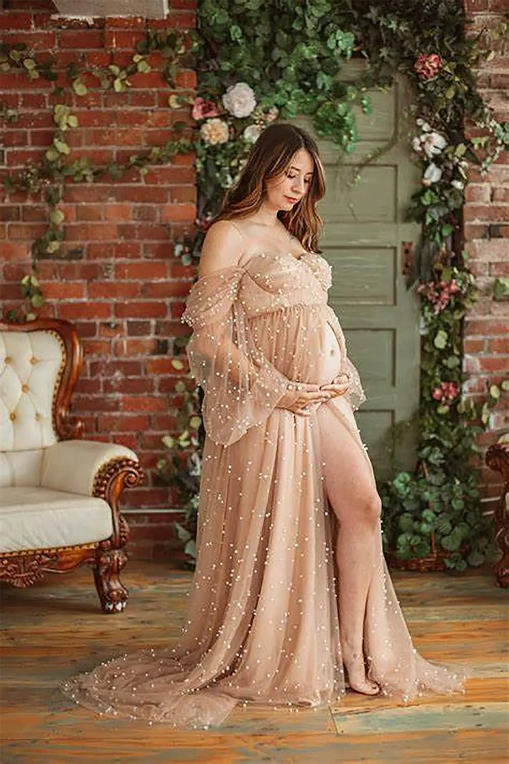 Molisa Women's Pearl Tulle Maternity Dress for Photoshoot Long Puffy Sleeve Off Shoulder Babyshower Bridal Pregnancy Gowns