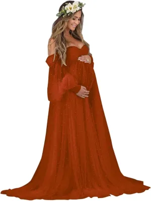 Molisa Women's Pearl Tulle Maternity Dress for Photoshoot Long Puffy Sleeve Off Shoulder Babyshower Bridal Pregnancy Gowns