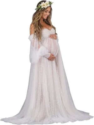 Molisa Women's Pearl Tulle Maternity Dress for Photoshoot Long Puffy Sleeve Off Shoulder Babyshower Bridal Pregnancy Gowns