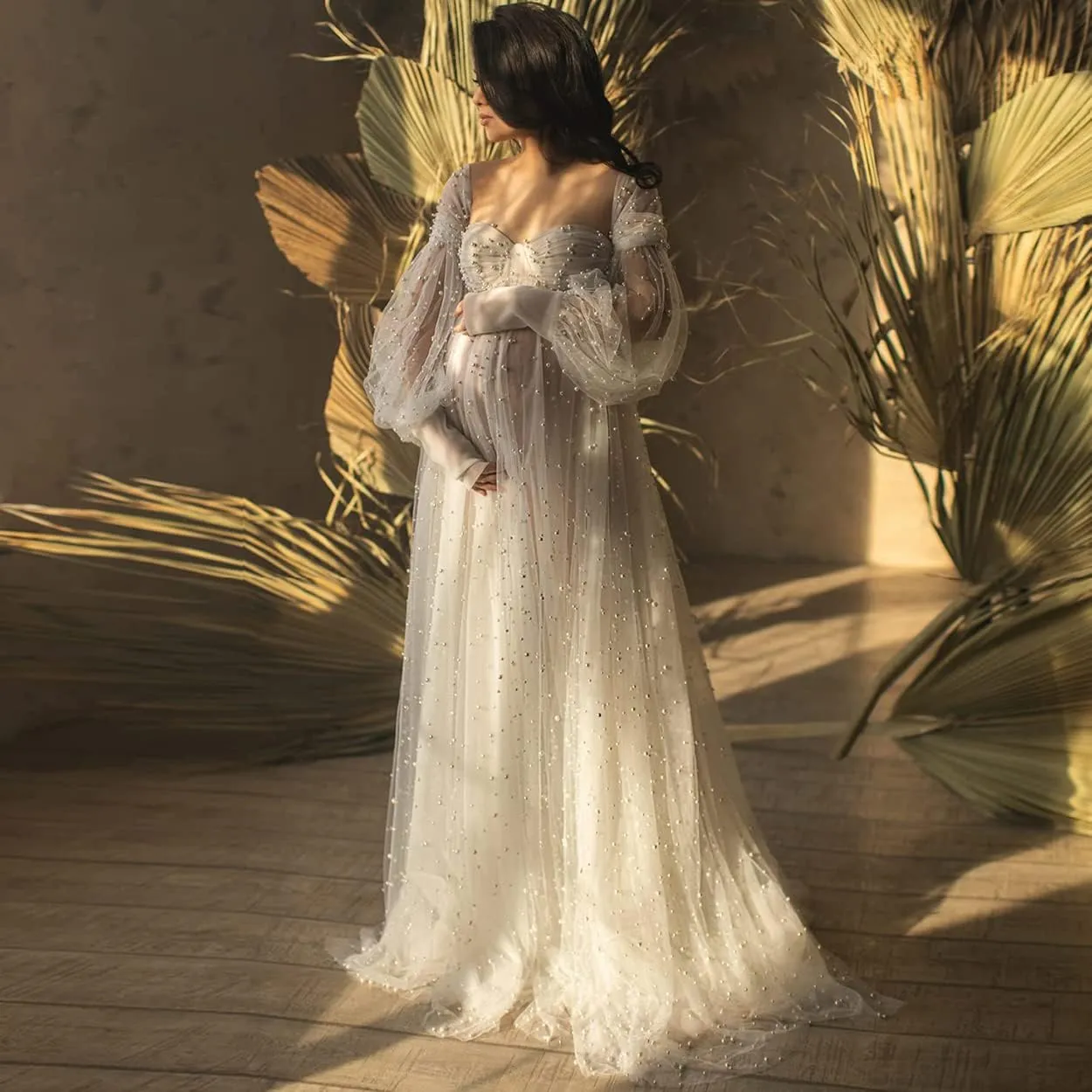 Molisa Women's Pearl Tulle Maternity Dress for Photoshoot Long Puffy Sleeve Off Shoulder Babyshower Bridal Pregnancy Gowns