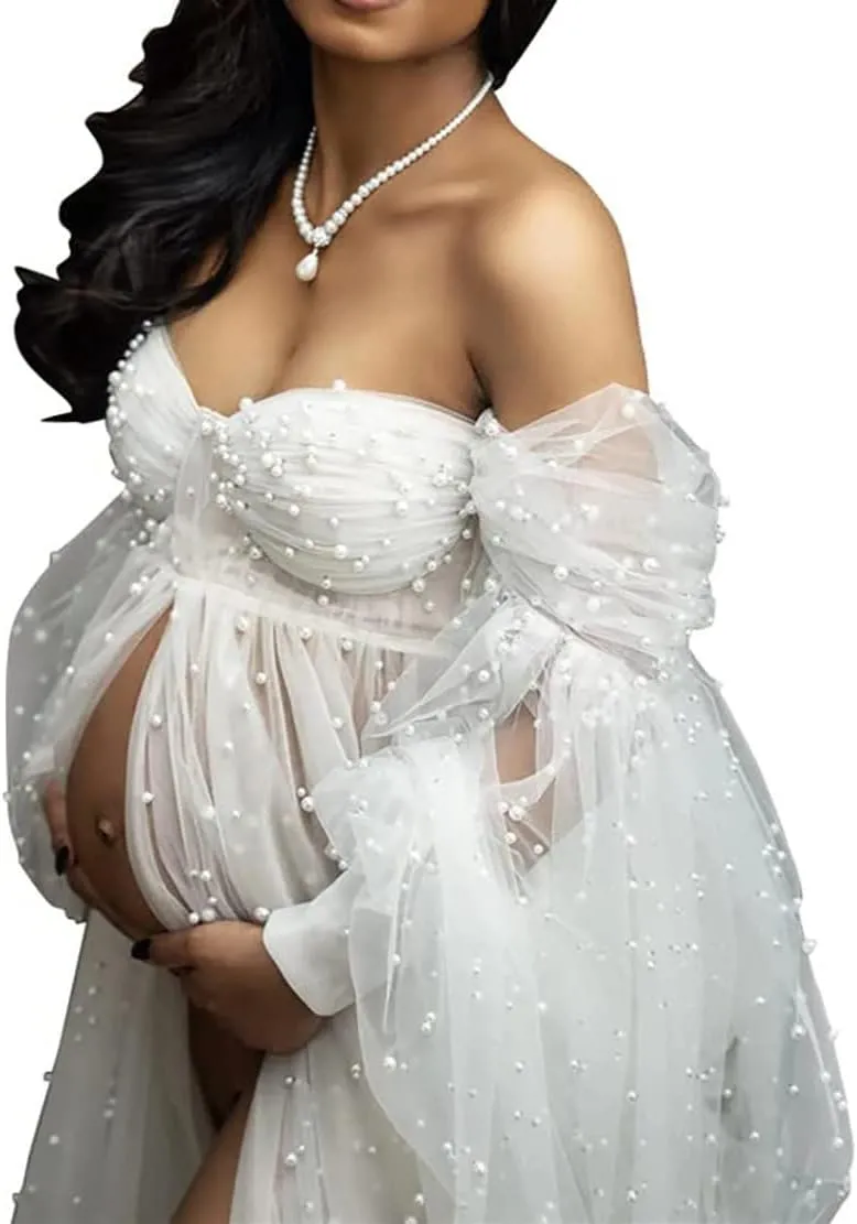 Molisa Women's Pearl Tulle Maternity Dress for Photoshoot Long Puffy Sleeve Off Shoulder Babyshower Bridal Pregnancy Gowns