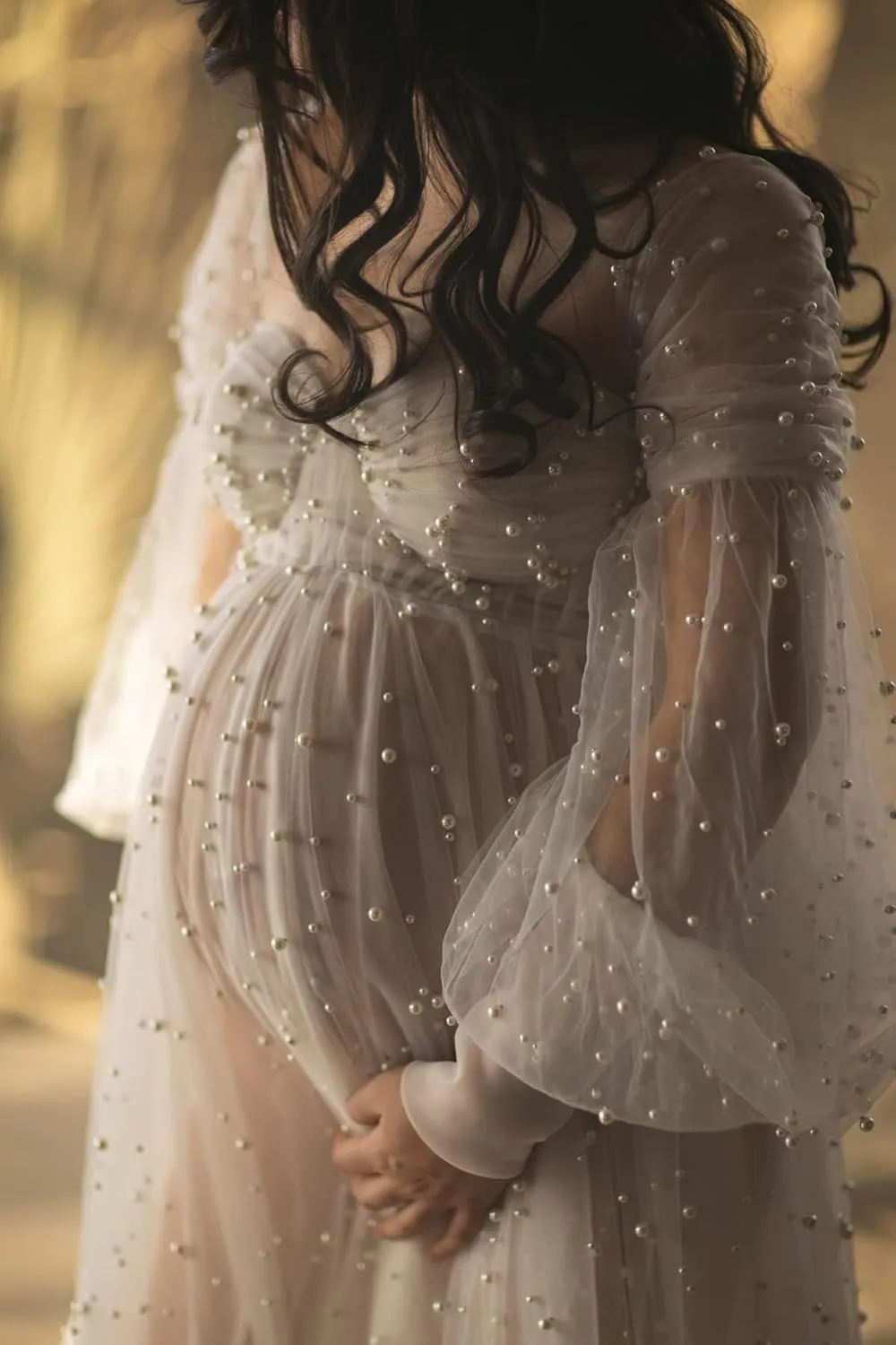 Molisa Women's Pearl Tulle Maternity Dress for Photoshoot Long Puffy Sleeve Off Shoulder Babyshower Bridal Pregnancy Gowns