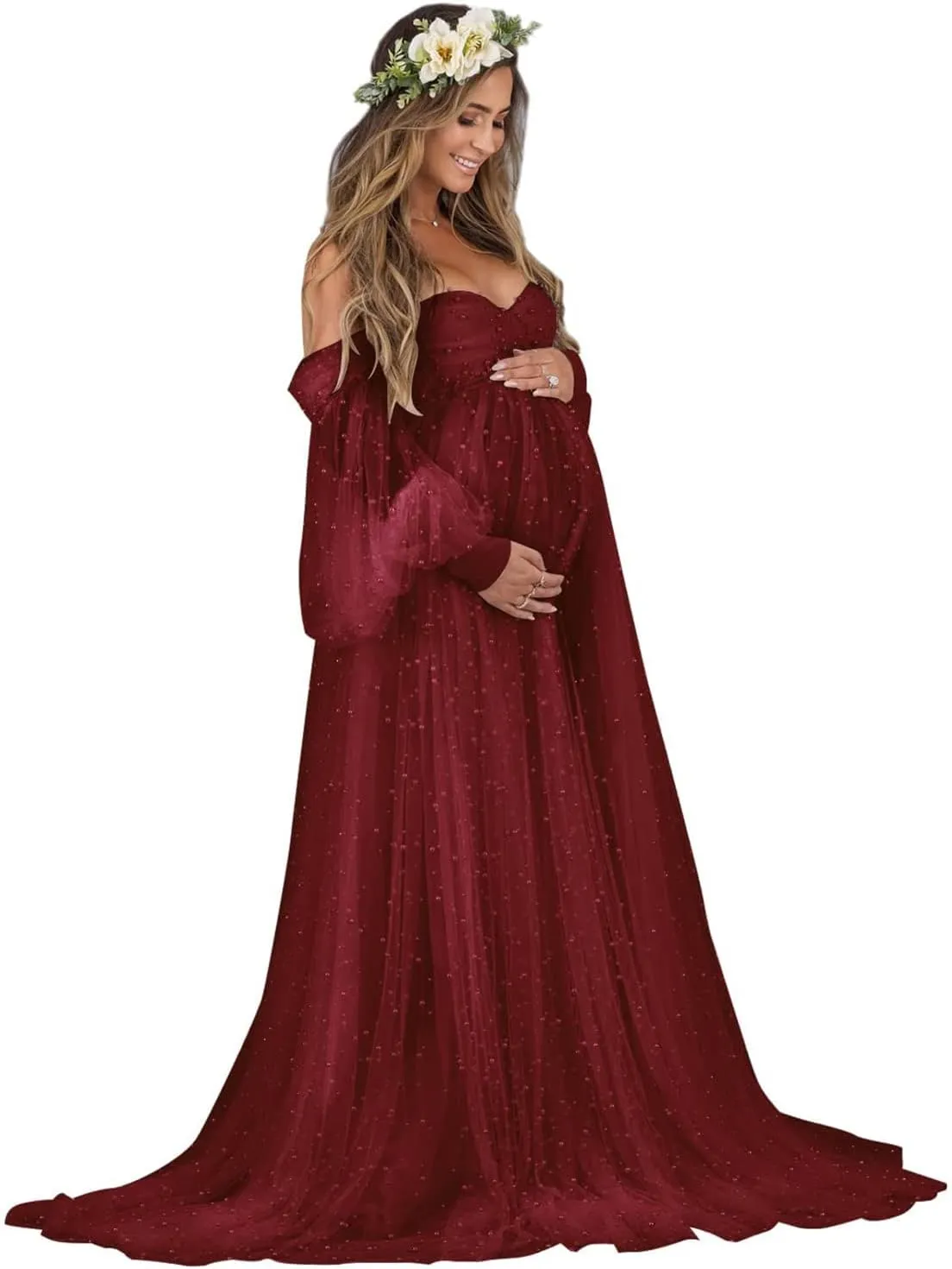 Molisa Women's Pearl Tulle Maternity Dress for Photoshoot Long Puffy Sleeve Off Shoulder Babyshower Bridal Pregnancy Gowns