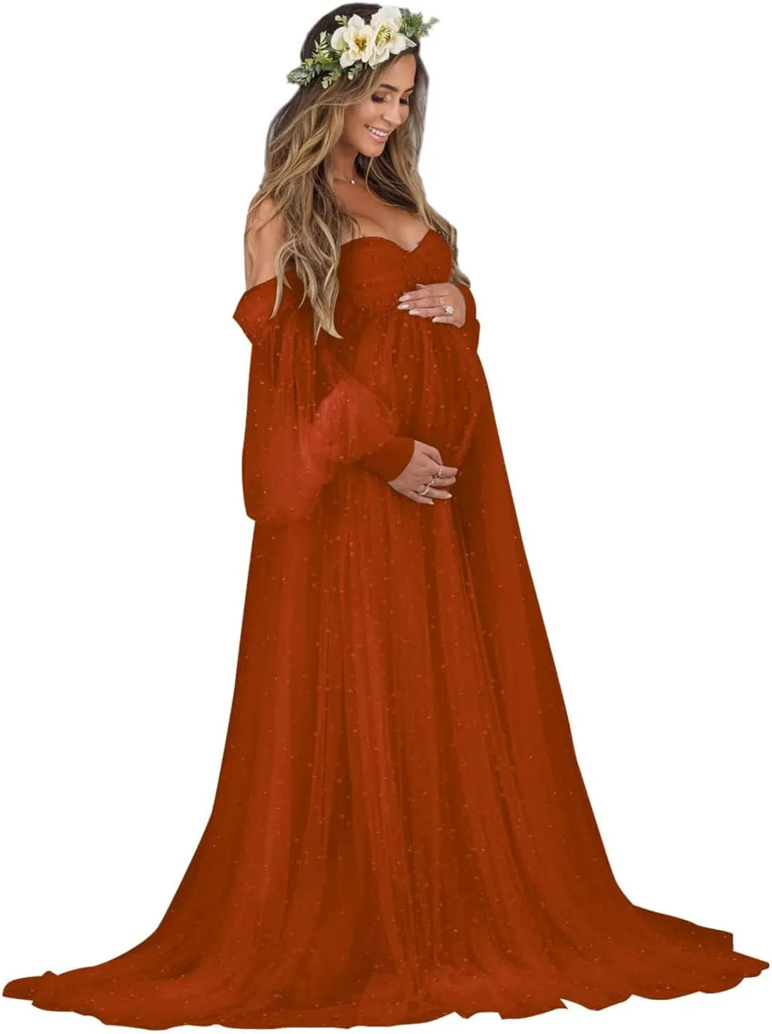 Molisa Women's Pearl Tulle Maternity Dress for Photoshoot Long Puffy Sleeve Off Shoulder Babyshower Bridal Pregnancy Gowns