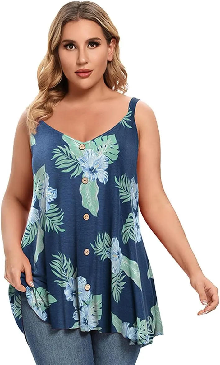 MONNURO Plus Size Camisole V Neck Button Cami Tank Tops Women's Sleeveless T-Shirt Tunics