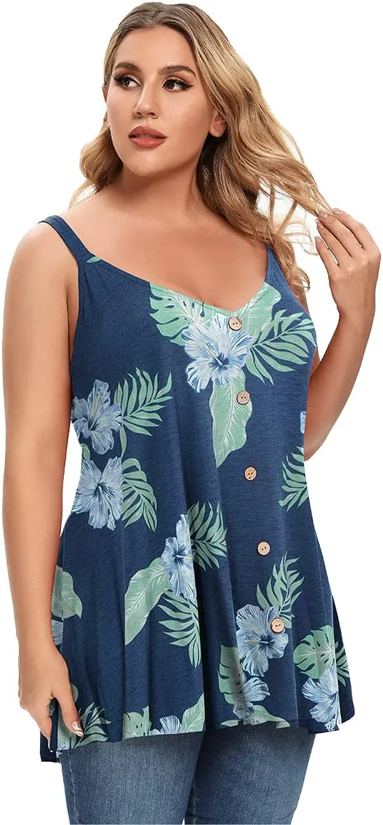 MONNURO Plus Size Camisole V Neck Button Cami Tank Tops Women's Sleeveless T-Shirt Tunics