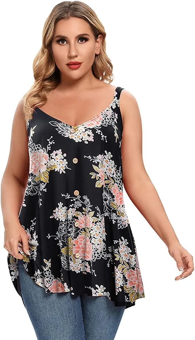 MONNURO Plus Size Camisole V Neck Button Cami Tank Tops Women's Sleeveless T-Shirt Tunics