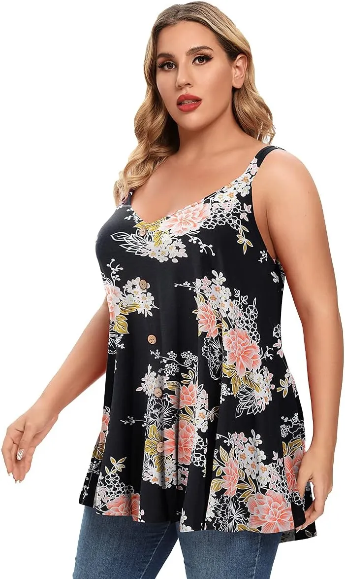 MONNURO Plus Size Camisole V Neck Button Cami Tank Tops Women's Sleeveless T-Shirt Tunics