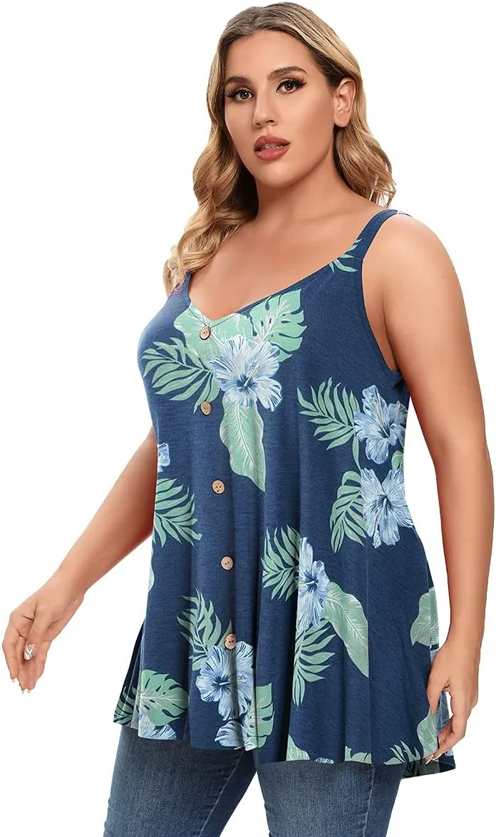 MONNURO Plus Size Camisole V Neck Button Cami Tank Tops Women's Sleeveless T-Shirt Tunics