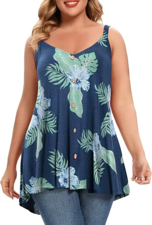 MONNURO Plus Size Camisole V Neck Button Cami Tank Tops Women's Sleeveless T-Shirt Tunics