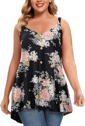 MONNURO Plus Size Camisole V Neck Button Cami Tank Tops Women's Sleeveless T-Shirt Tunics