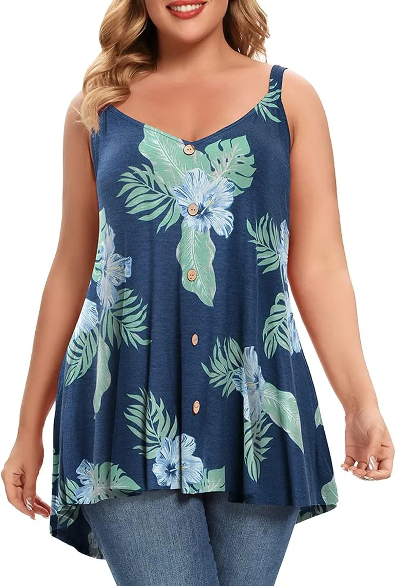 MONNURO Plus Size Camisole V Neck Button Cami Tank Tops Women's Sleeveless T-Shirt Tunics