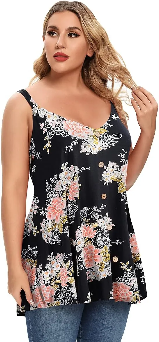 MONNURO Plus Size Camisole V Neck Button Cami Tank Tops Women's Sleeveless T-Shirt Tunics