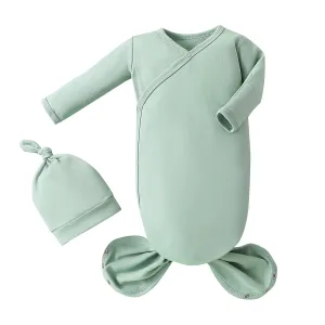MVUOCR Newborn Knotted Baby Gowns, Soft Cotton Baby Sleeper Gowns, Newborn Sleepers Gown for Girls and Boys, Nightgowns Infant Coming Home from Hospital Outfit with Hat Set Green