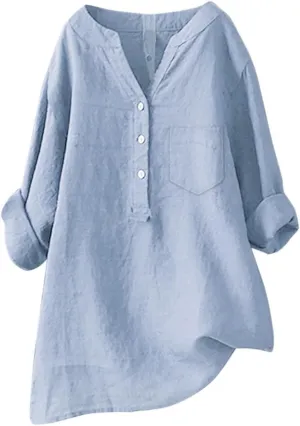 NBXNZWF Womens Casual Button V Neck Long Sleeve Shirts Oversized Cotton Linen Blouses Ladies Tunics Tshirts