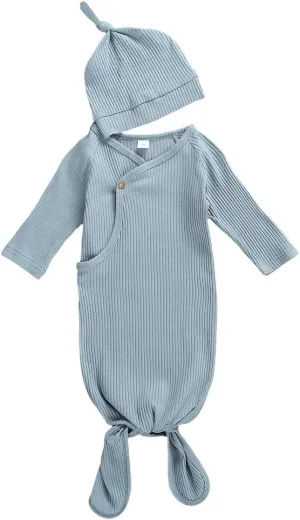 Newborn Baby Boy Girl Knotted Gowns Long Sleeve Printed Sleeping Bag Coming Home Outfit Nightgown Pajamas Hat Set