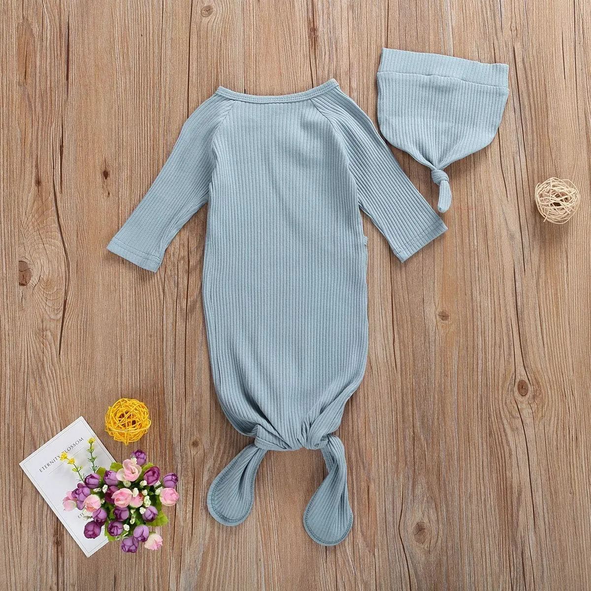 Newborn Baby Boy Girl Knotted Gowns Long Sleeve Printed Sleeping Bag Coming Home Outfit Nightgown Pajamas Hat Set