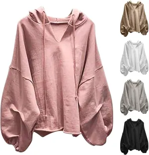 Oversized Sweatshirt for Women Lantern Sleeve Fashion Hoodies Long Drawstring Vneck Pullover Top Fashion Fall Outfits
