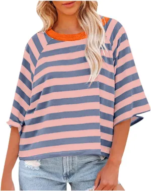 Oversized Tshirts for Women Summer 3/4 Length Sleeve Tops Casual Striped Crew Neck Tee Fashion Loose Clothes 2024