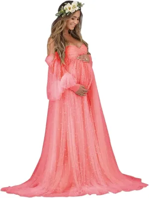 Pearl Tulle Maternity Dress for Photoshoot Long Puffy Sleeve Maternity Photography Gown for Baby Shower Pregnancy Dress