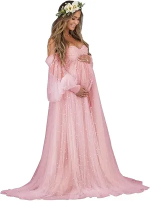 Pearl Tulle Maternity Dress for Photoshoot Long Puffy Sleeve Maternity Photography Gown for Baby Shower Pregnancy Dress
