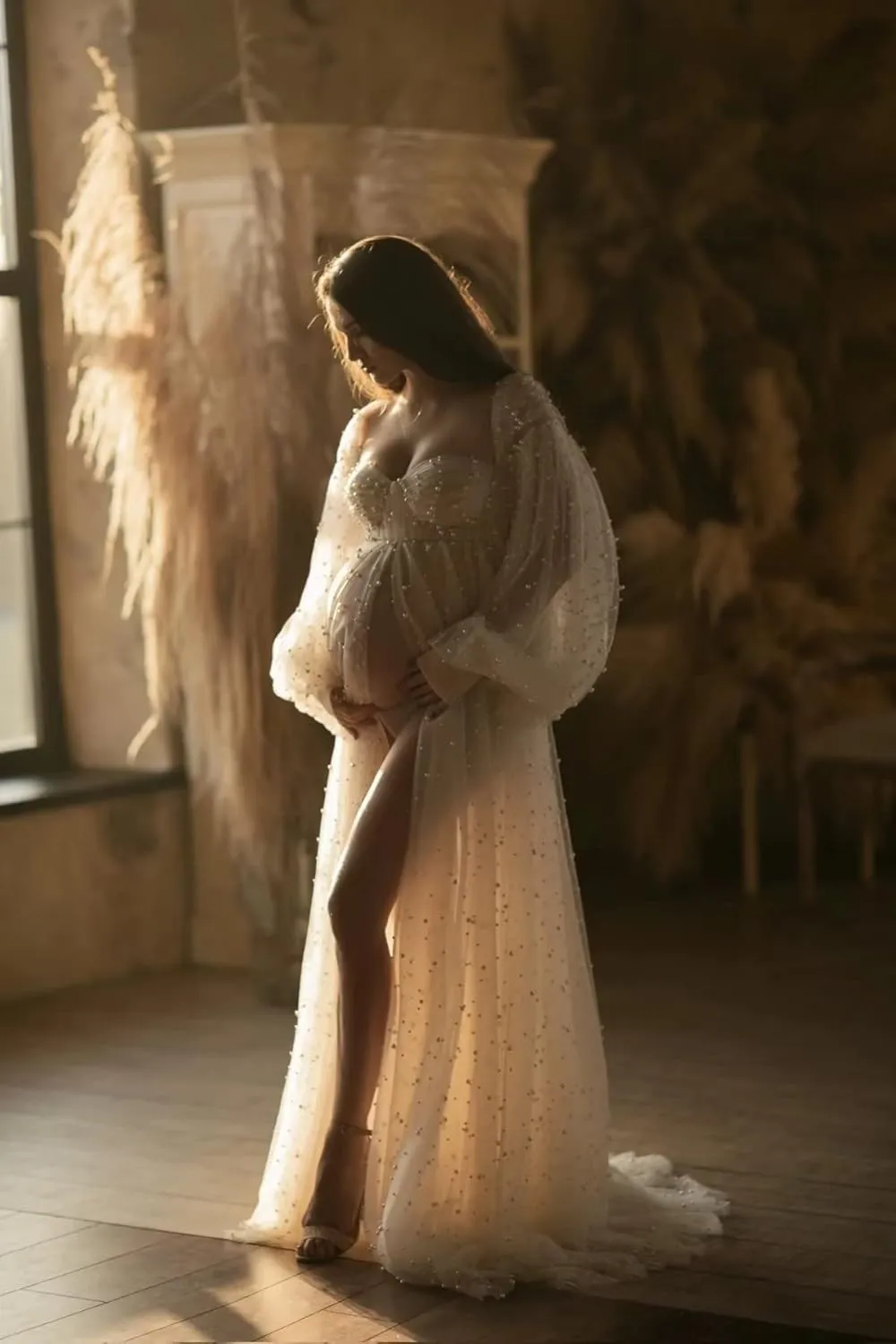 Pearl Tulle Maternity Dress for Photoshoot Long Puffy Sleeve Maternity Photography Gown for Baby Shower Pregnancy Dress