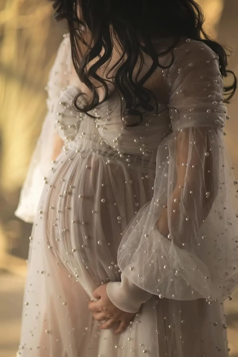 Pearl Tulle Maternity Dress for Photoshoot Long Puffy Sleeve Maternity Photography Gown for Baby Shower Pregnancy Dress