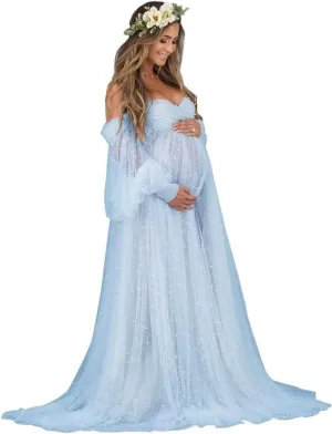 Pearl Tulle Maternity Dress for Photoshoot Long Puffy Sleeve Maternity Photography Gown for Baby Shower Pregnancy Dress