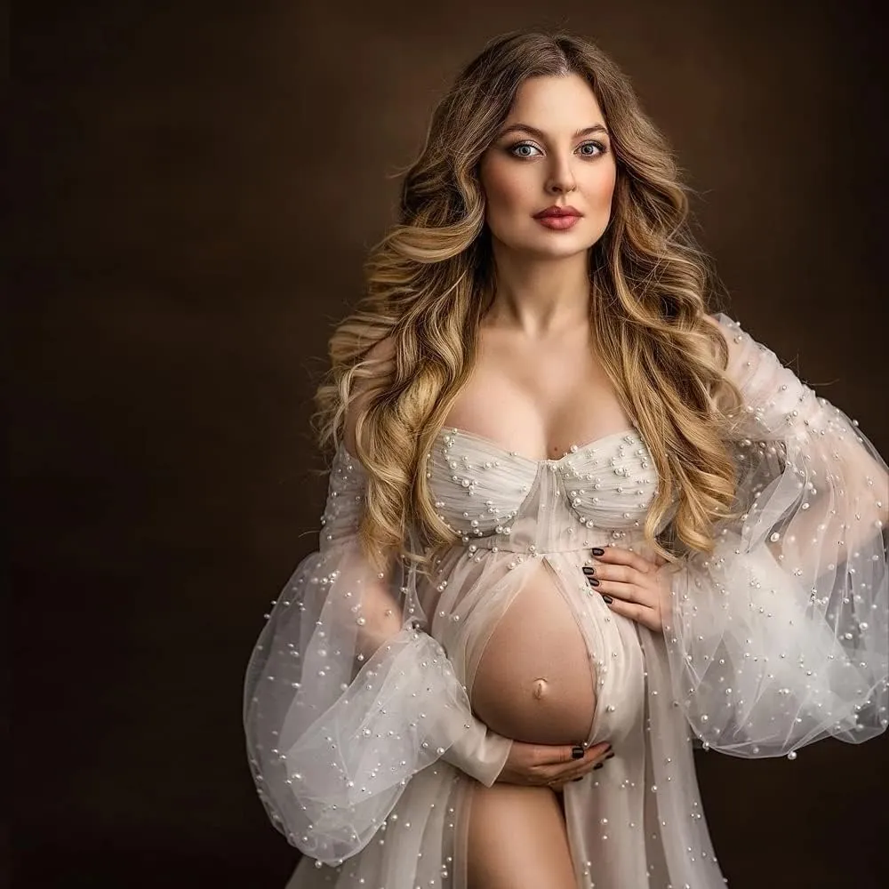 Pearl Tulle Maternity Dress for Photoshoot Long Puffy Sleeve Maternity Photography Gown for Baby Shower Pregnancy Dress