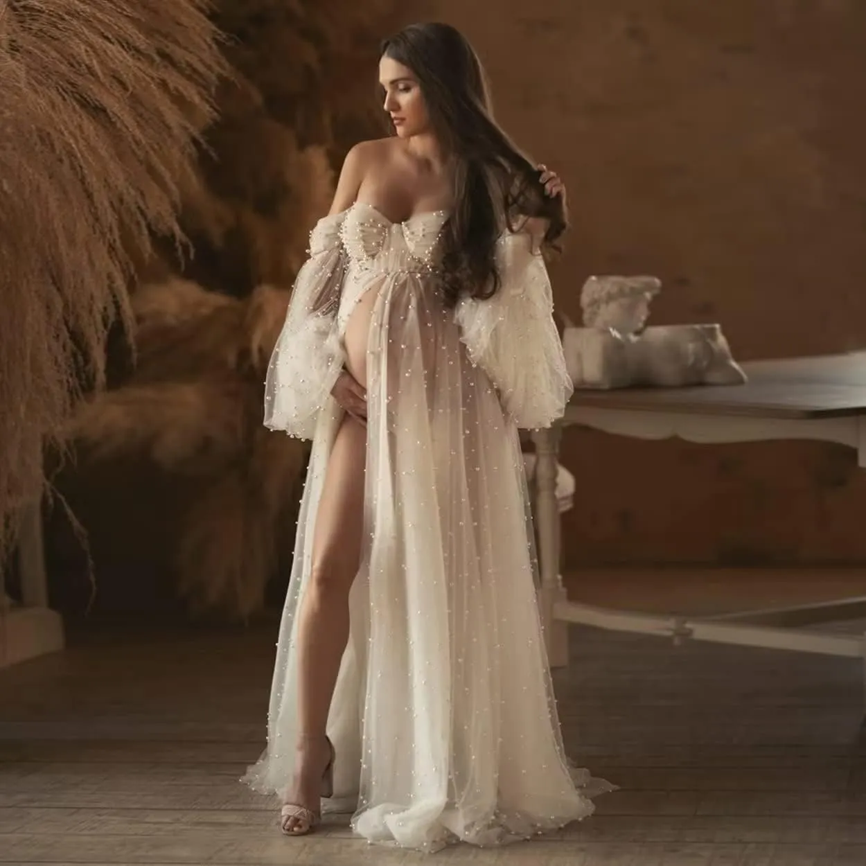 Pearl Tulle Maternity Dress for Photoshoot Long Puffy Sleeve Maternity Photography Gown for Baby Shower Pregnancy Dress