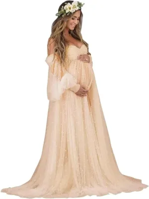 Pearl Tulle Maternity Dress for Photoshoot Puffy Sleeve Off Shoulder Pregnancy Gowns for Baby Shower Dresses