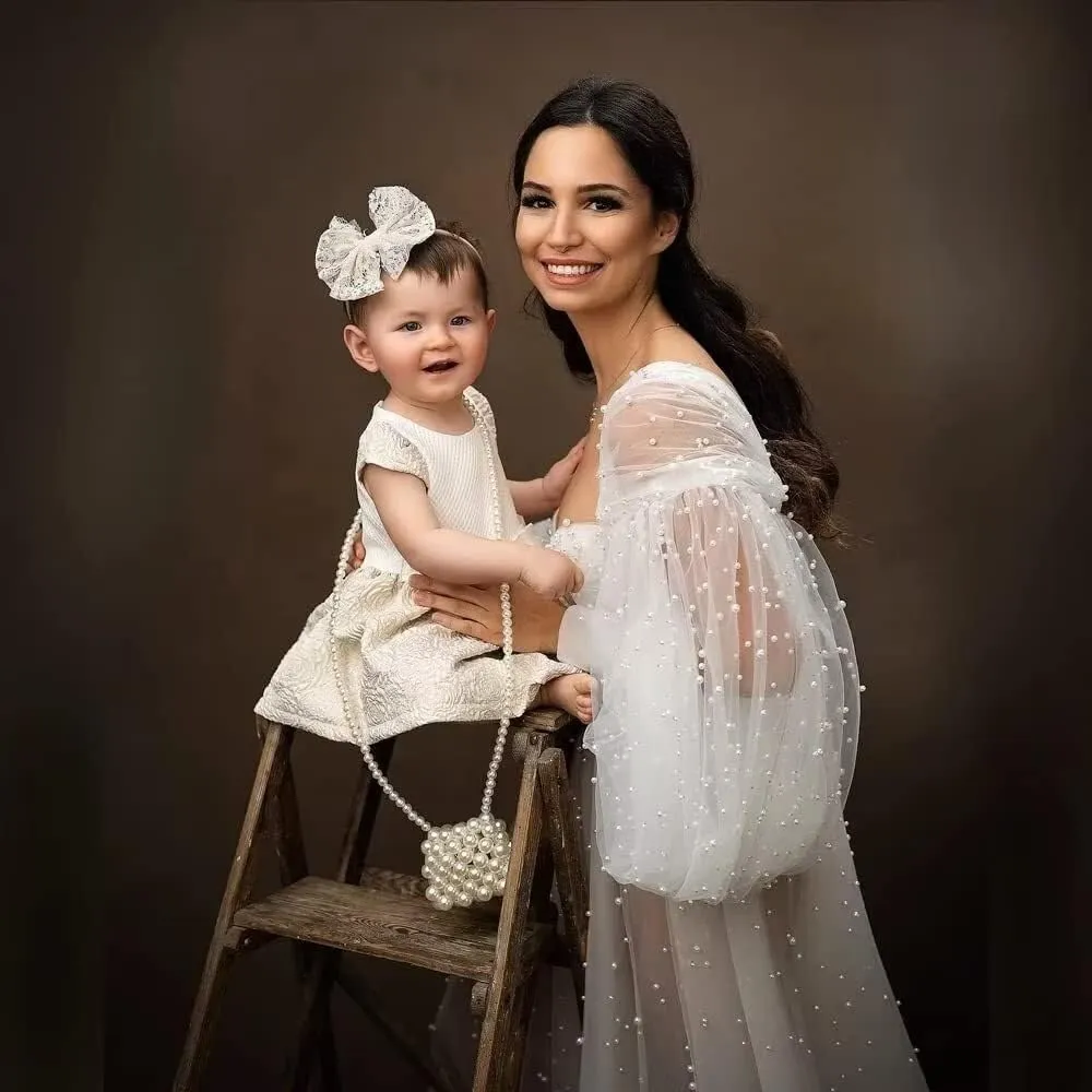 Pearl Tulle Maternity Dress for Photoshoot Puffy Sleeve Off Shoulder Pregnancy Gowns for Baby Shower Dresses
