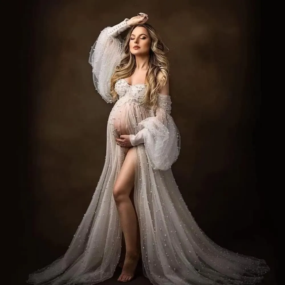 Pearl Tulle Maternity Dress for Photoshoot Puffy Sleeve Off Shoulder Pregnancy Gowns for Baby Shower Dresses