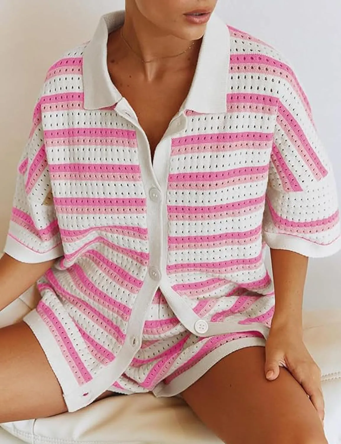 Perbai Womens Summer 2 Piece Knit Lounge Sets Striped Sweater Shorts Outfits Lapel Button Shirt Matching Sets