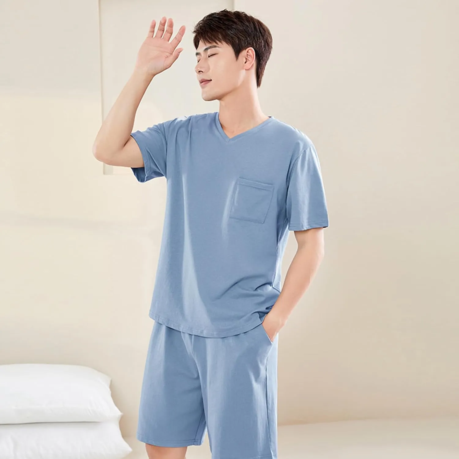 Qianxiu Mens 100% Cotton pajamas set Short Sleeve Pyjama V-Neck Nightwear Sets Lightweight Pj's Sleep Sets