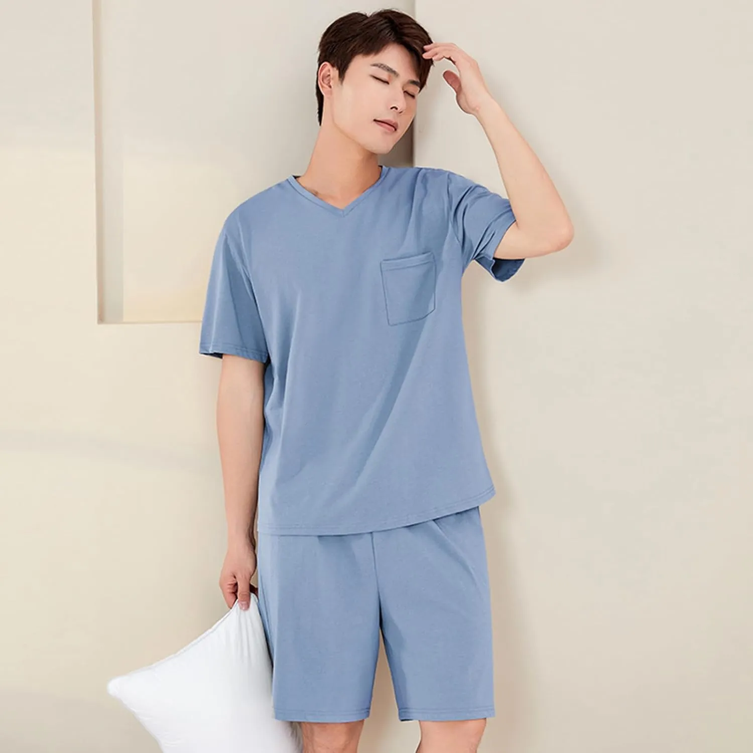 Qianxiu Mens 100% Cotton pajamas set Short Sleeve Pyjama V-Neck Nightwear Sets Lightweight Pj's Sleep Sets