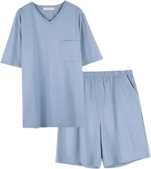 Qianxiu Mens 100% Cotton pajamas set Short Sleeve Pyjama V-Neck Nightwear Sets Lightweight Pj's Sleep Sets