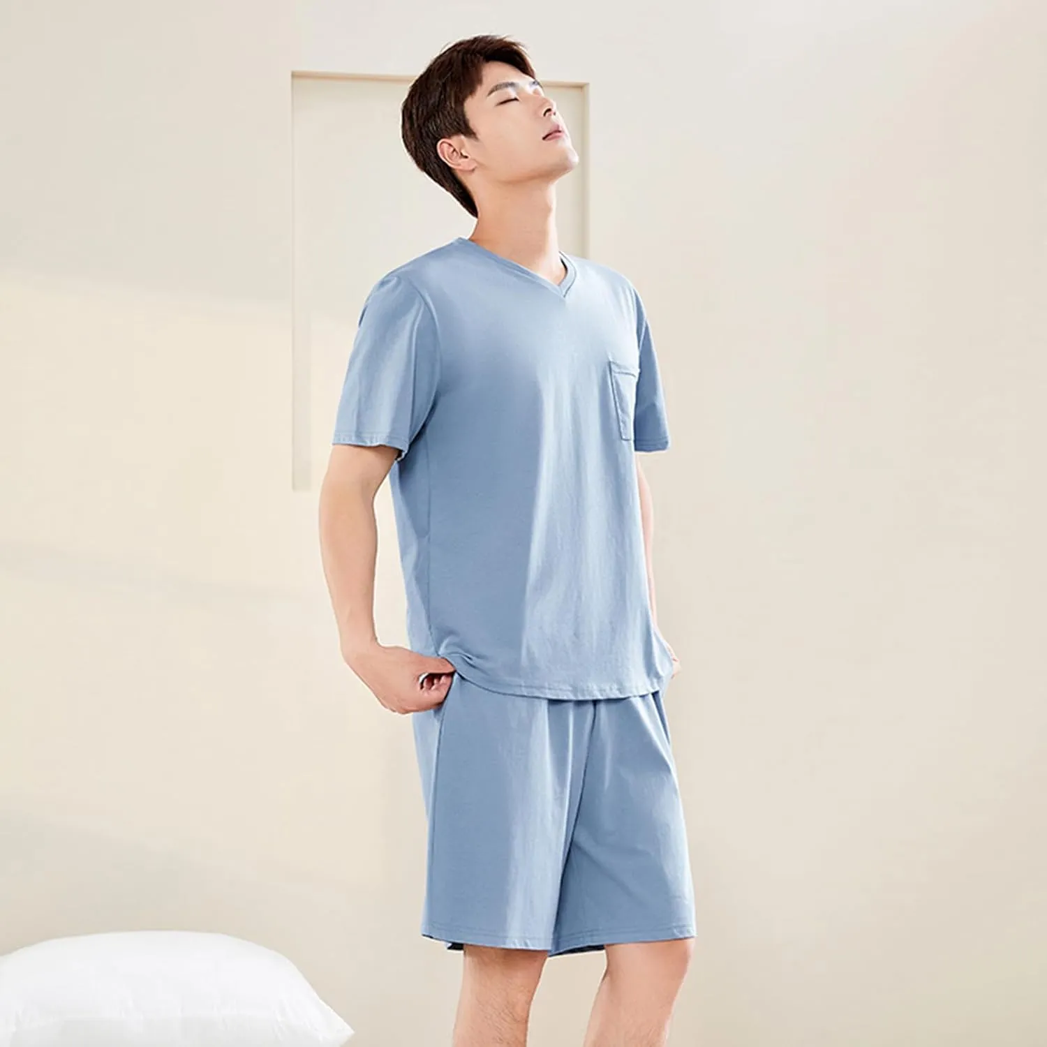 Qianxiu Mens 100% Cotton pajamas set Short Sleeve Pyjama V-Neck Nightwear Sets Lightweight Pj's Sleep Sets