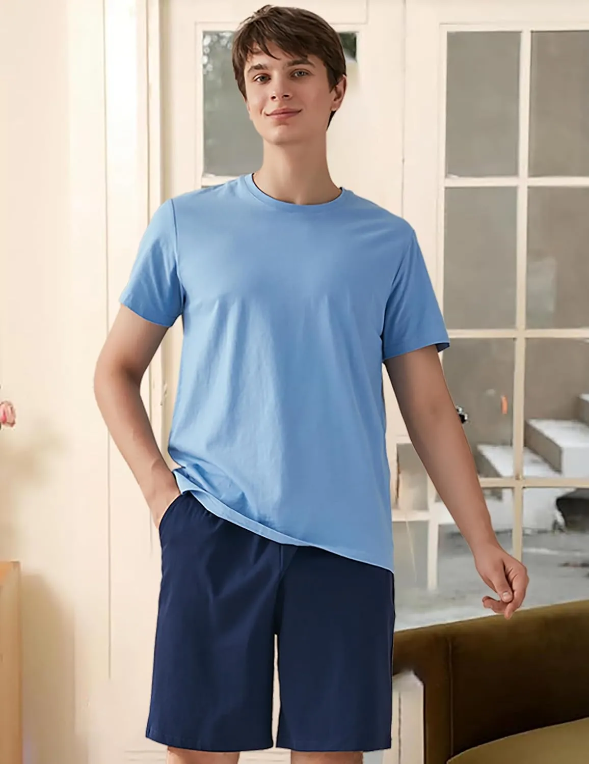 Qianxiu Men's Pajama Set Lounge Sleep Sets Men Classic Short Sleeve Sleepwear and Shorts Pjs Set with Pocket