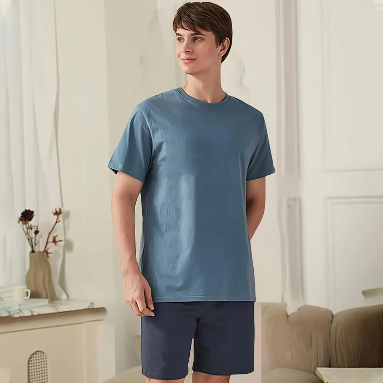 Qianxiu Men's Pajama Set Lounge Sleep Sets Men Classic Short Sleeve Sleepwear and Shorts Pjs Set with Pocket