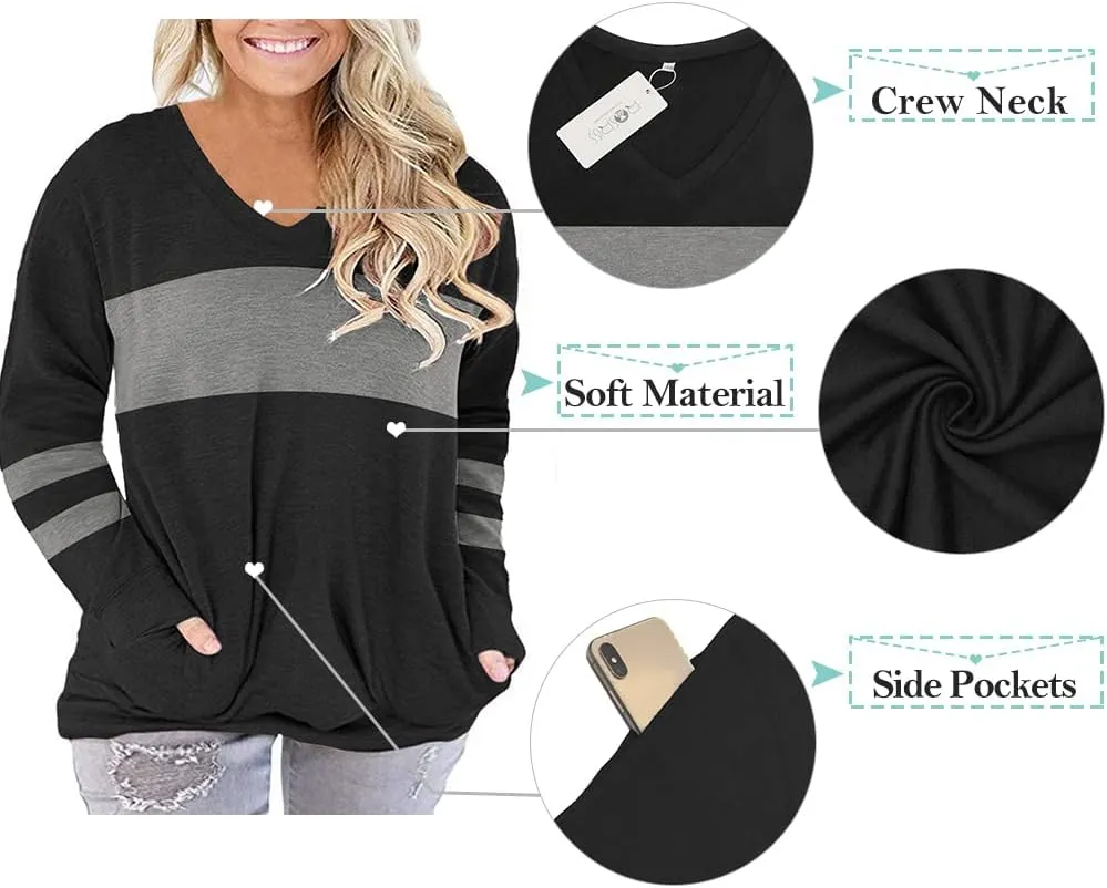 ROSRISS Plus-Size-Tops for Women Long Sleeve V Neck Shirts Oversized Pockets Tunics