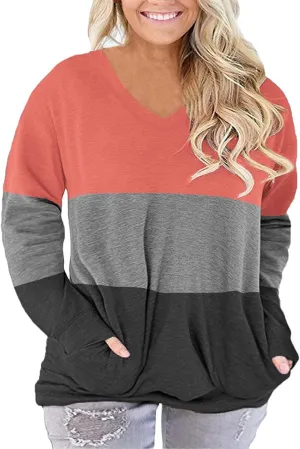 ROSRISS Plus-Size-Tops for Women Long Sleeve V Neck Shirts Oversized Pockets Tunics