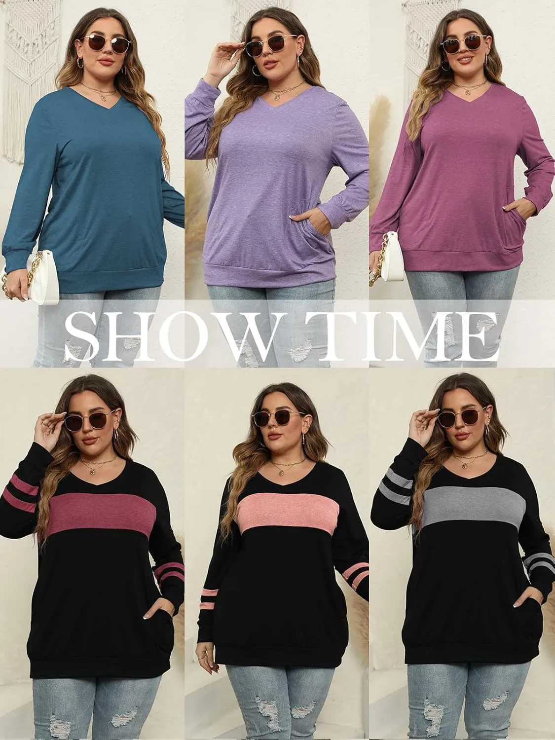 ROSRISS Plus-Size-Tops for Women Long Sleeve V Neck Shirts Oversized Pockets Tunics
