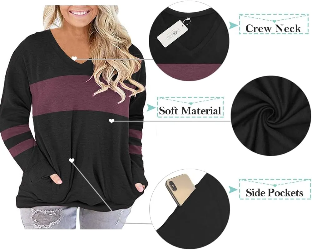 ROSRISS Plus-Size-Tops for Women Long Sleeve V Neck Shirts Oversized Pockets Tunics
