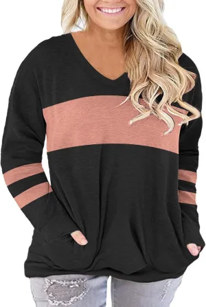 ROSRISS Plus-Size-Tops for Women Long Sleeve V Neck Shirts Oversized Pockets Tunics